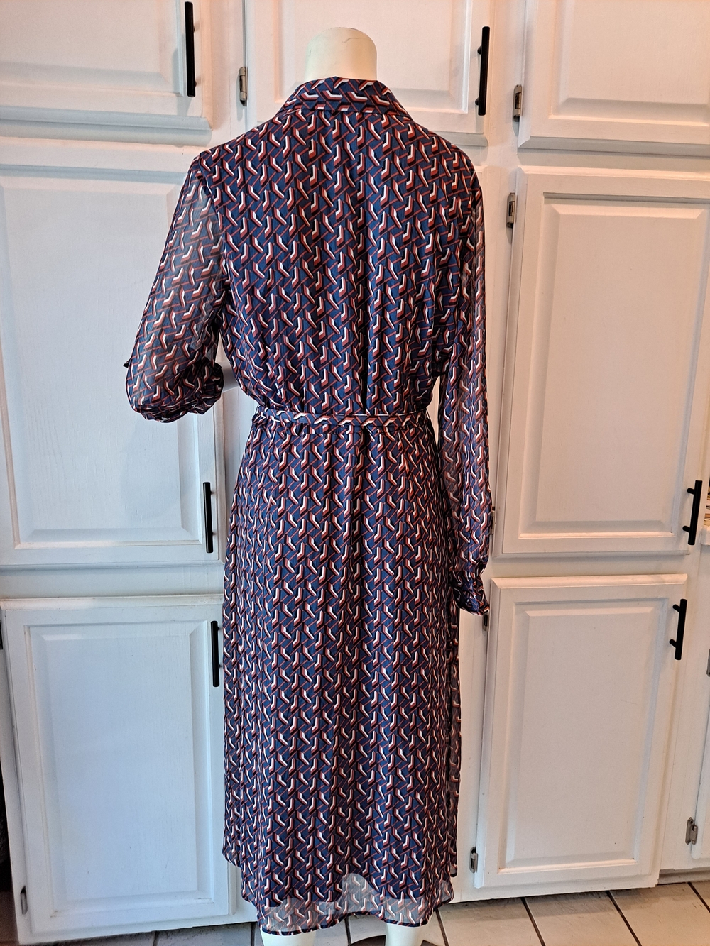 DR2 Navy Black White Orange Geometric Printed Midi Shirt Dress Tie Waist Lined - Picture 7 of 12